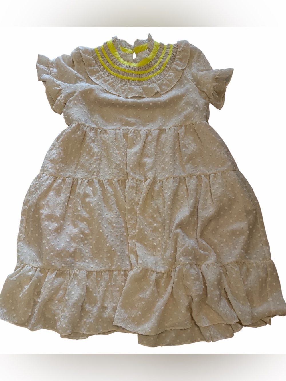 Calivta Cream Swiss Dot Mini Dress with Yellow Trim